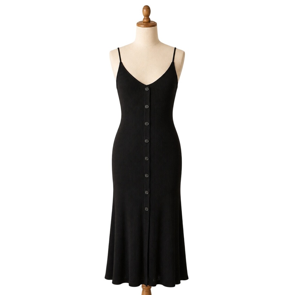 Reformation Black Ribbed Tencel Midi Dress Button Front Detail M Made USA